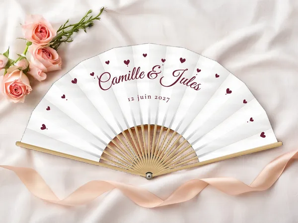 Éventail de mariage personnalisé « Petits cœurs », petits cœurs éparpillés autour des prénoms, toile : blanc, impression : bordeaux, posé sur une table de mariage
