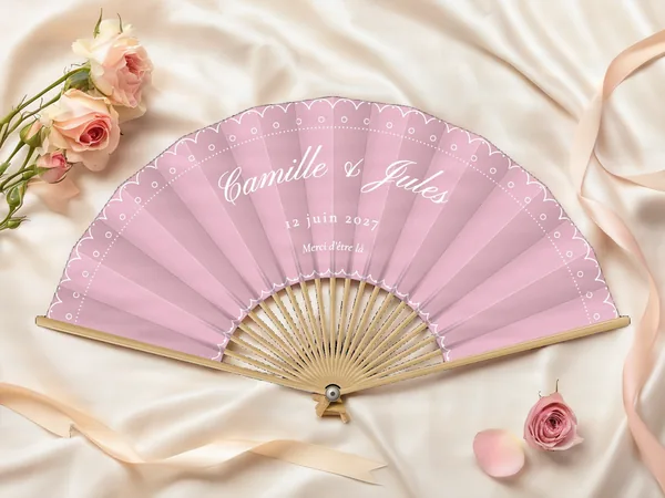 Éventail de mariage personnalisé « Dentelle », bordure festonnée façon dentelle et pointillés suivant le bord, toile : rose poudré, impression : blanc, posé sur une table de mariage