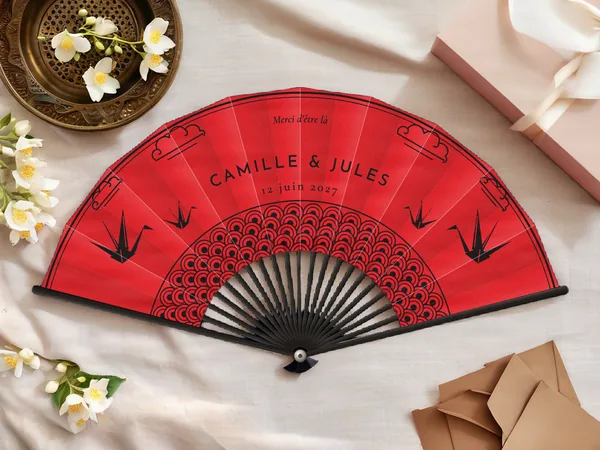 Éventail de mariage personnalisé « Kimono », grues en origami, nuages et motif de vagues autour du centre, toile : rouge, impression : noir, posé sur une table de mariage