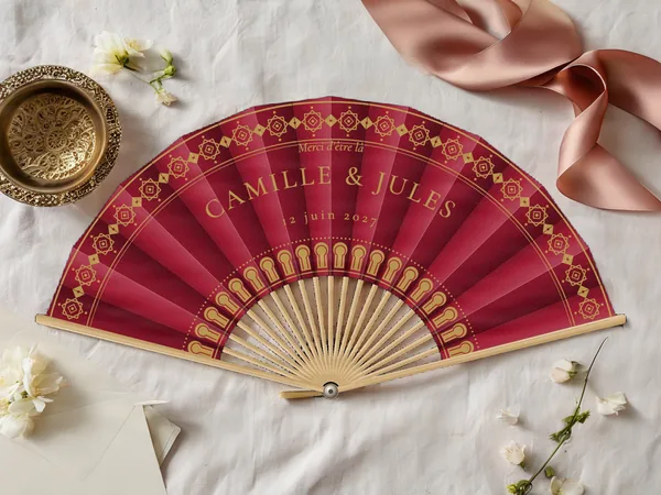 Éventail de mariage personnalisé « Médina », frise de rosaces orientales sur le bord et arcades autour du centre, toile : bordeaux, impression : or, posé sur une table de mariage