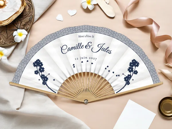 Éventail de mariage personnalisé « Sakura », frise de vagues sur le bord et branches de cerisier sur les côtés, toile : blanc, impression : bleu marine, posé sur une table de mariage