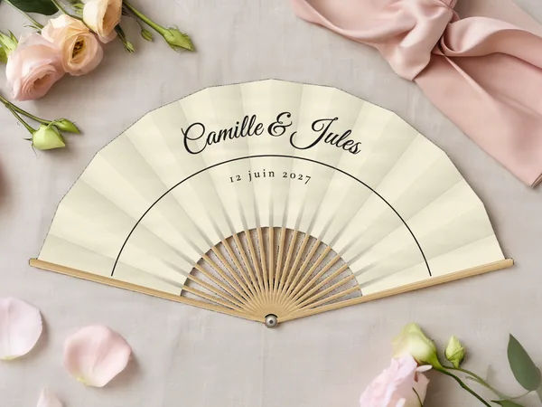 Éventail de mariage personnalisé « Trait fin », simple filet fin en arc sous les prénoms, toile : ivoire, impression : noir, posé sur une table de mariage